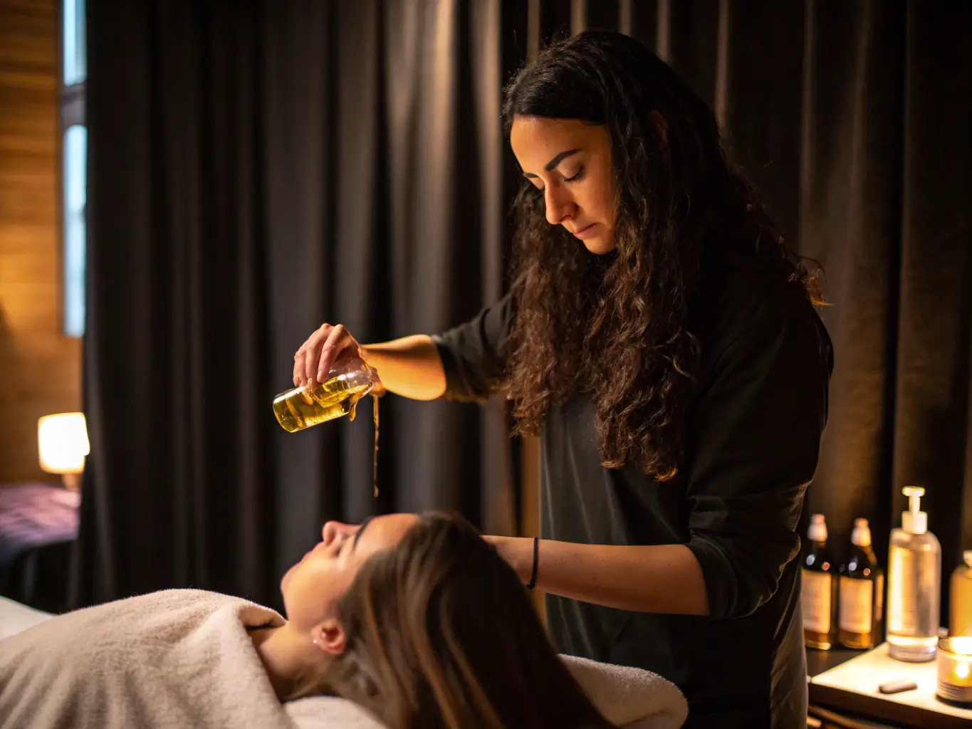 Aromatic essential oils being gently applied during an aromatherapy massage session, creating a soothing and calming atmosphere.
