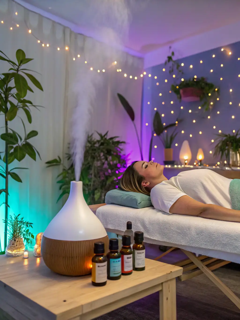 An inviting image of aromatherapy oils being diffused in a massage room, creating a calming and fragrant atmosphere for an aromatherapy massage session.