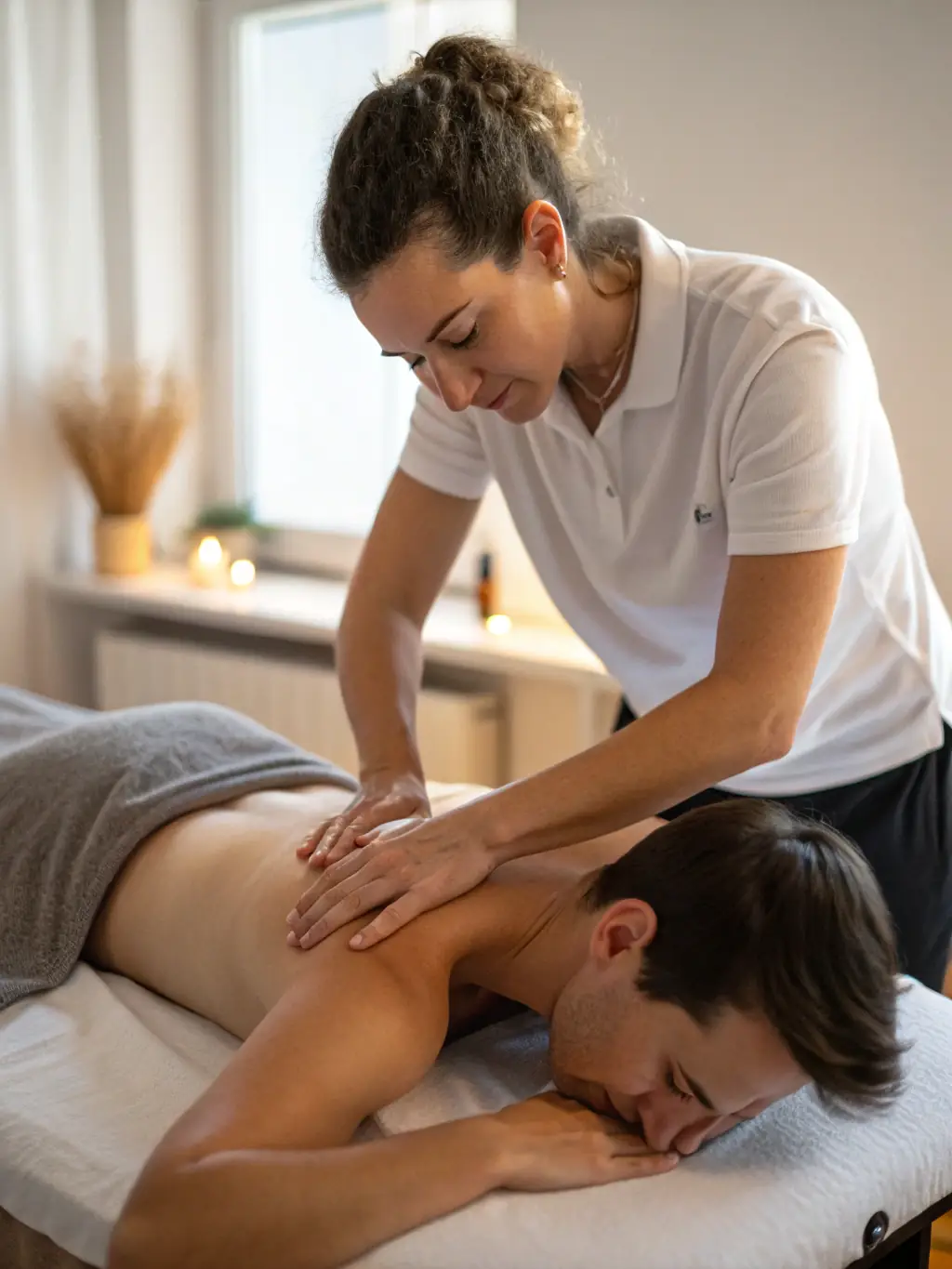 A focused image of a therapist applying deep tissue massage techniques to a client's back, highlighting the intensity and therapeutic benefits of the treatment.