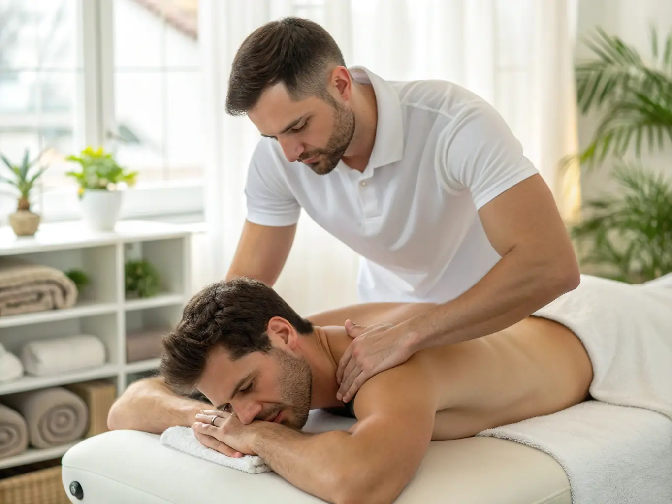 A close-up shot of a therapist's hands applying deep tissue massage to a client's back, showcasing the intensity and precision of the technique.