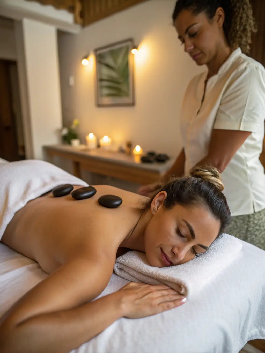 A calming image of a hot stone massage session, with smooth, heated stones placed on the client's back to promote muscle relaxation and pain relief.