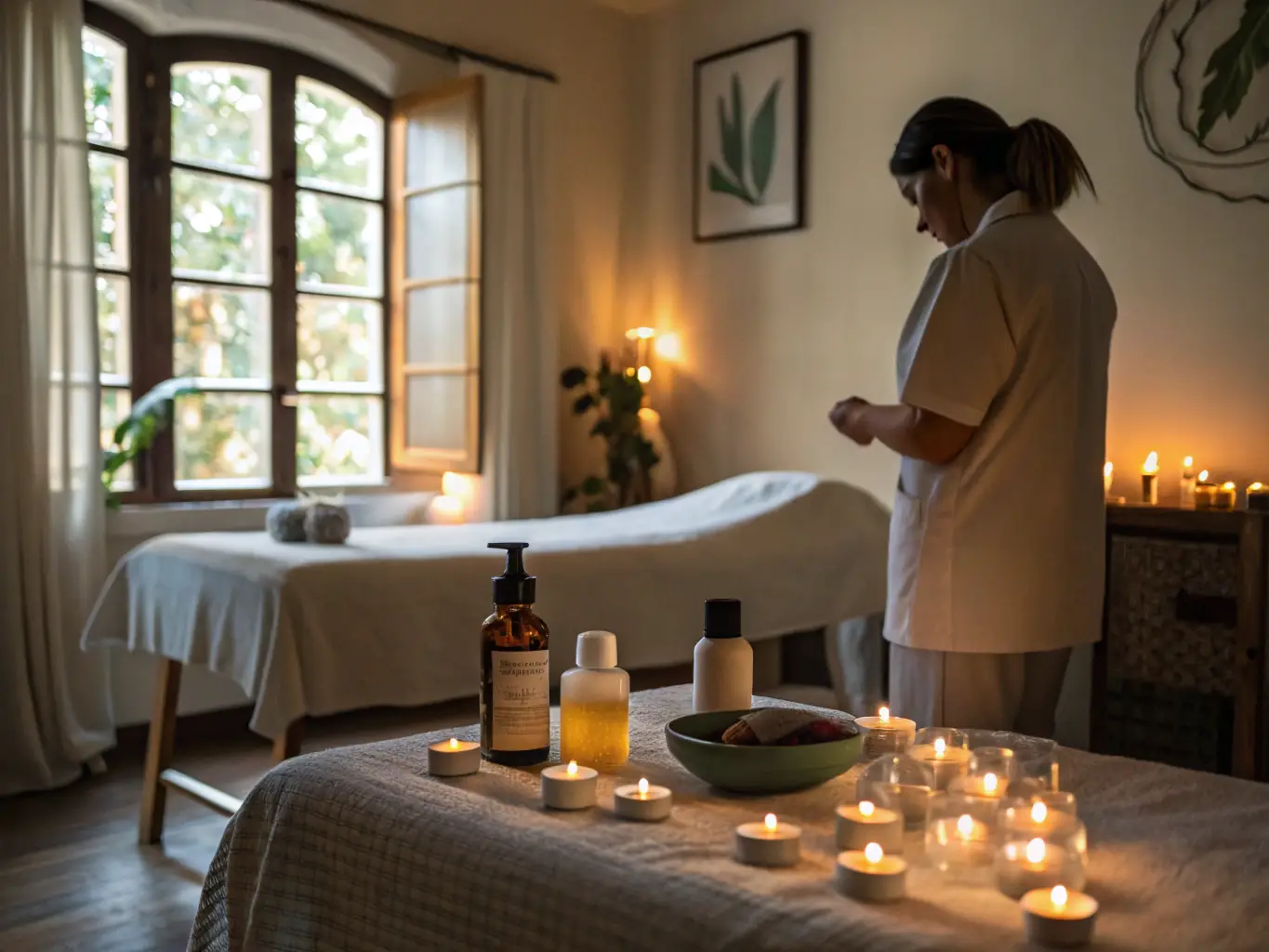 A therapist applying aromatic oils during a soothing massage session, creating a calming and sensory-rich experience.